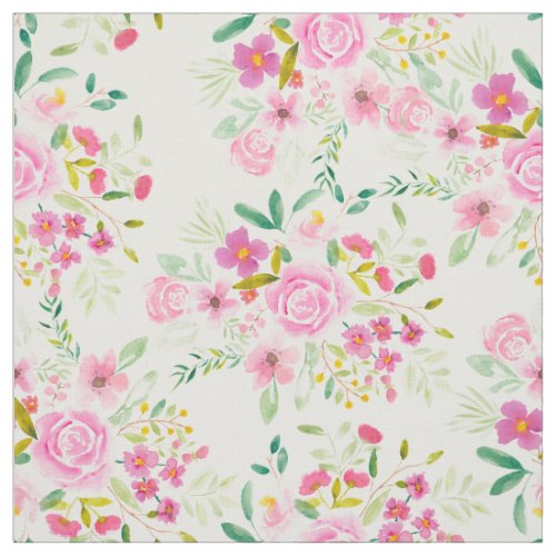 Trendy girly pink green floral watercolor pattern fabric