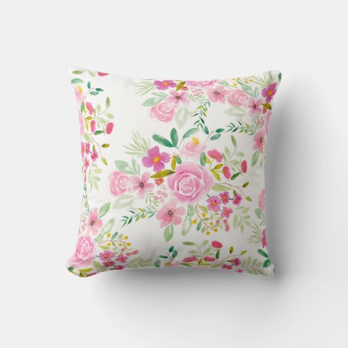 Trendy girly pink green floral watercolor pattern throw pillow