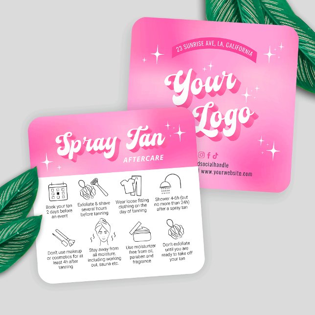 Trendy Girly Pink Groovy Spray Tan Aftercare Cards (Trendy spray tanning care cards with icons, featuring girly pink design, care icons & retro fonts)