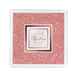 Trendy Girly Pink Name Monogram Rose Gold Glitter Acrylic Tray