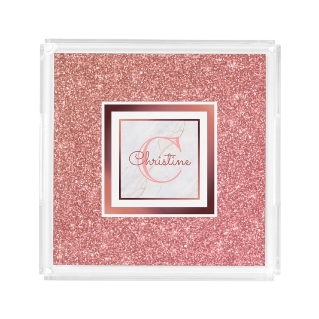 Trendy Girly Pink Name Monogram Rose Gold Glitter Acrylic Tray (Front)