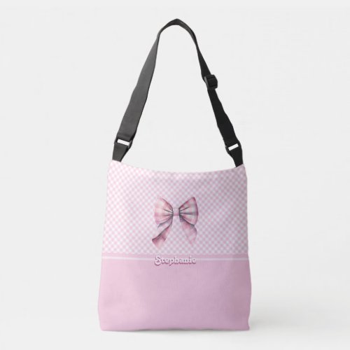 Trendy Girly Pink Plaid Checkerboard Pattern  Bow Crossbody Bag