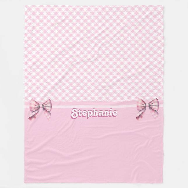 Trendy Girly Pink Plaid Checkerboard Pattern & Bow Fleece Blanket (Front)