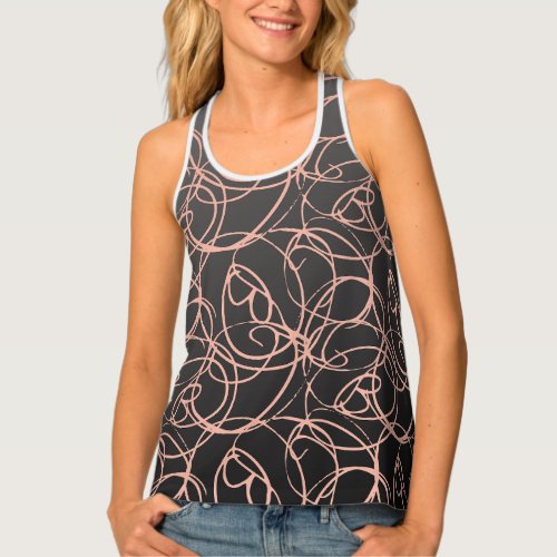 Trendy girly pink squiggly swirls on black tank top