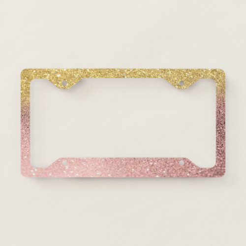 Trendy Girly Rose Gold Faux Gold Glitter Ombre License Plate Frame