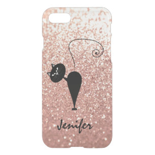 Trendy girly rose gold glittery black cat iPhone SE/8/7 case