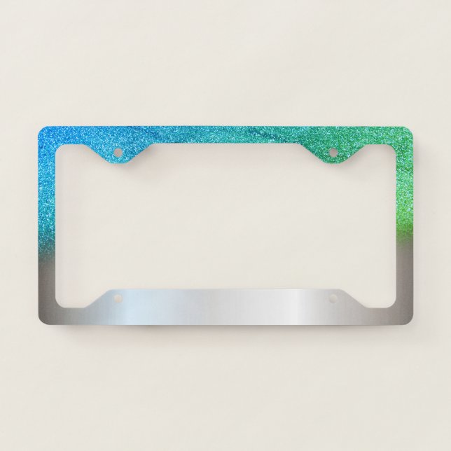 Trendy Girly Silver Blue Green Glitter Ombre License Plate Frame (Front)