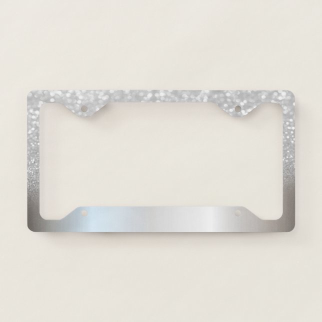 Trendy Girly Silver Glitter Bokeh Ombre License Plate Frame (Front)
