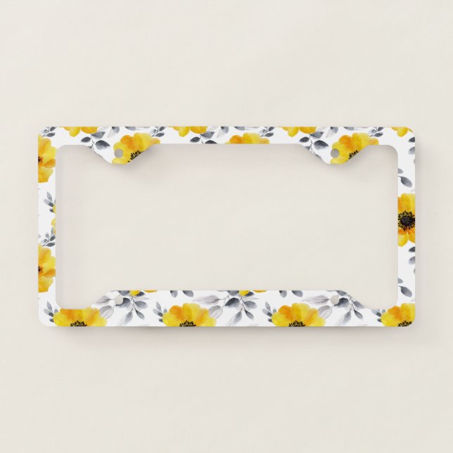 Trendy Girly Yellow Flowers Pattern License Plate Frame (Front)