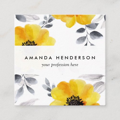 Trendy Girly Yellow Flowers Pattern Square Business Card