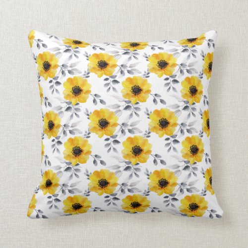 Trendy Girly Yellow Flowers Pattern Throw Pillow
