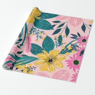 Trendy Girly Yellow Hand Paint Floral Design Wrapping Paper