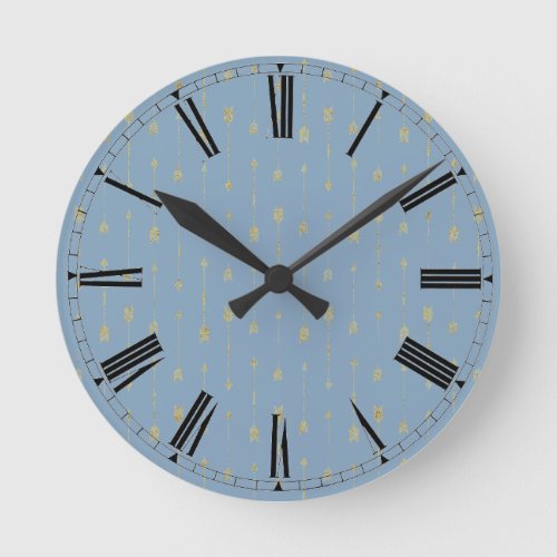 Trendy Glacier Blue  Gold Boho Arrows   Round Clock