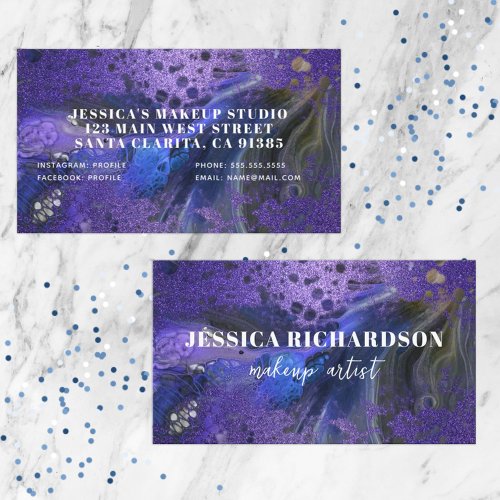 Trendy Glam Abstract Purple Glitter Marble Paint Business Card