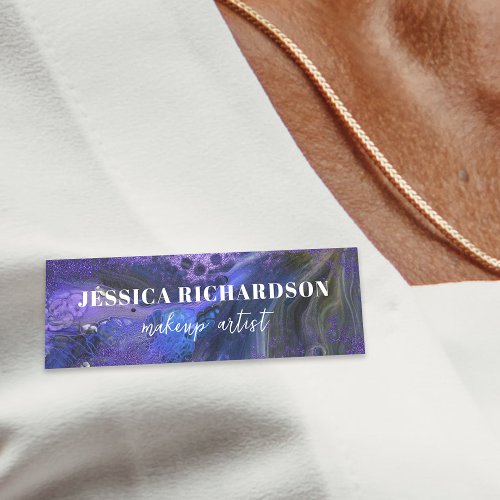 Trendy Glam Abstract Purple Glitter Marble Paint Name Tag
