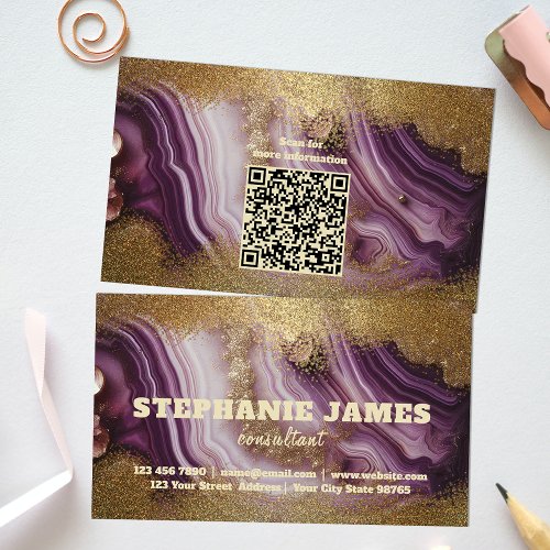 Trendy Glam Chic Purple Agate Marble Gold Glitter Business Card