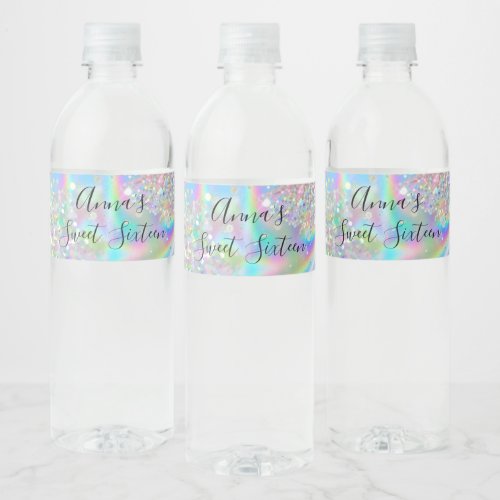 Trendy Glam Faux Holographic Rainbow Sweet 16 Water Bottle Label