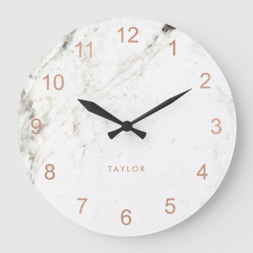 Trendy Glam Faux Rose Gold Look and White Marble Large Clock