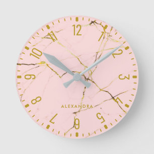 Trendy Glam Faux Rose Gold Look Marble Round Clock