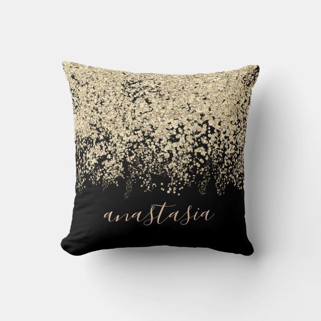 Trendy Glam Gold Yellow Glittery Sparkling Script Throw Pillow (Front)