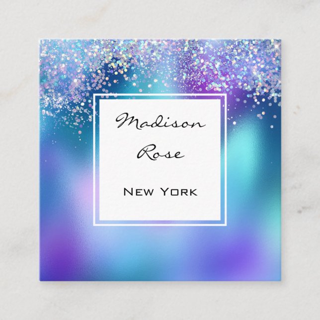 Trendy & Glam Holographic Mermaid Glitter Sparkles Square Business Card (Front)