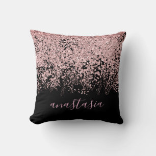Trendy Glam Pink Rose Gold Glittery Spark Script Throw Pillow