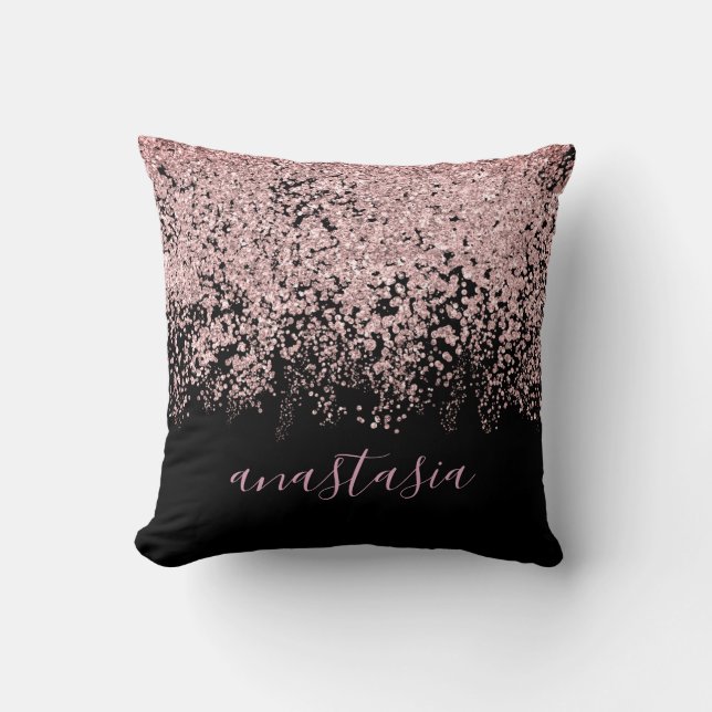 Trendy Glam Pink Rose Gold Glittery Spark Script Throw Pillow (Front)