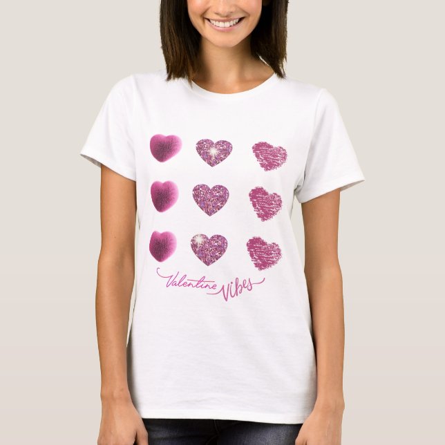 Trendy Glam Sparkle Pink Hearts Valentine Vibes  T-Shirt (Front)