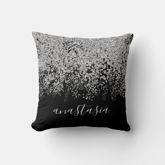Trendy Glamorous Silver Glittery Sparkling Script Throw Pillow (Front)