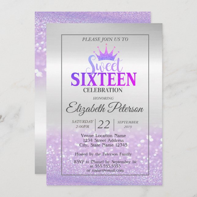 Trendy  Glitter Bokeh Ombre,Tiara,Sweet 16 Party Invitation (Front/Back)