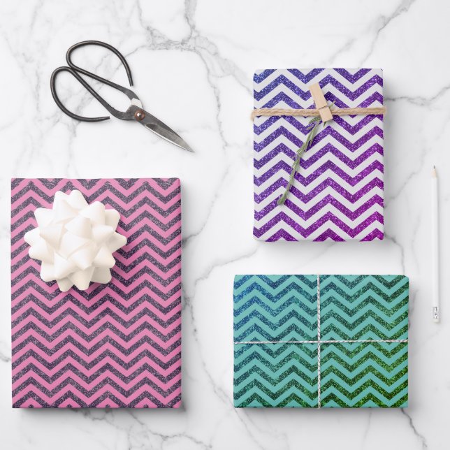 Trendy Glitter Chevron Pattern Trio Wrapping Paper Sheets (Front)