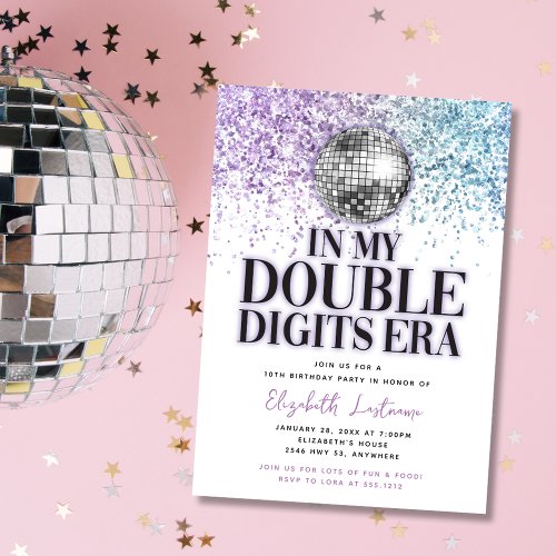 Trendy Glitter Disco Double Digits Era Birthday Invitation