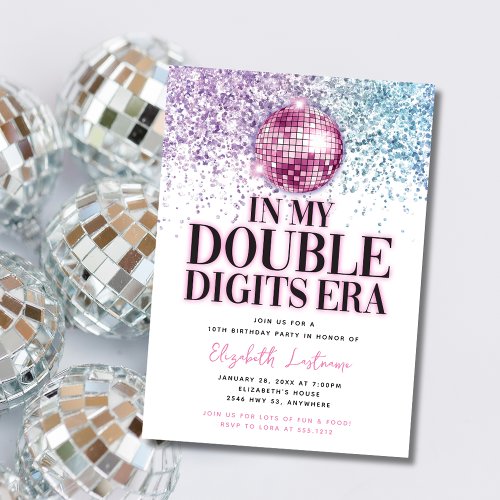 Trendy Glitter Disco Double Digits Era Birthday Invitation