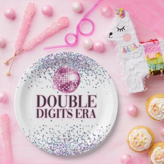 Trendy Glitter Disco Double Digits Era Birthday Paper Plates (Party)