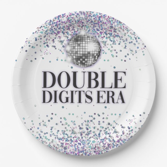 Trendy Glitter Disco Double Digits Era Birthday Paper Plates (Front)