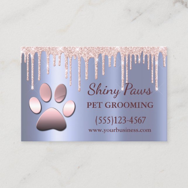 Trendy Glitter Drips Dog Paw Pet Grooming Service Business Card (Front)