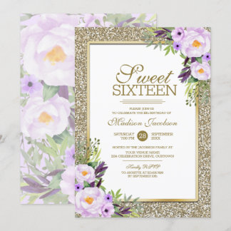 Trendy Glitter Gold Floral Sweet 16 Party Invitation