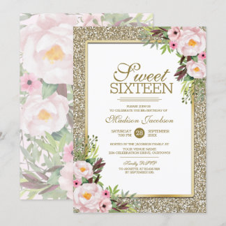 Trendy Glitter Gold Floral Sweet 16 Party Invitation