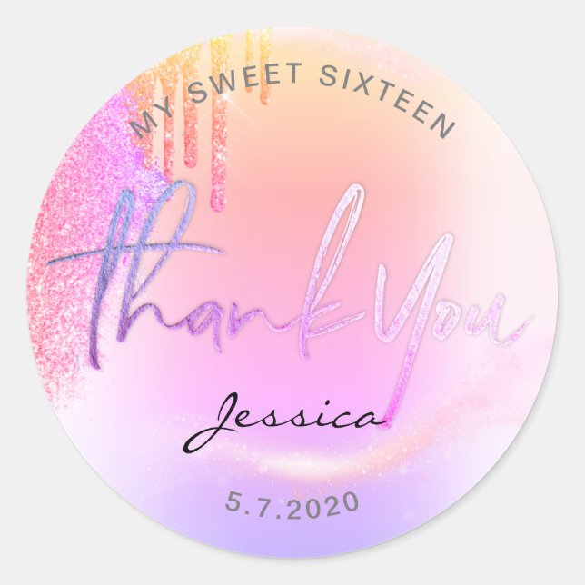 Trendy Glitter Holographic drips Thank you Classic Round Sticker (Front)