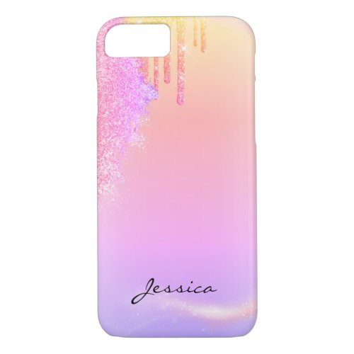 Trendy Glitter Holographic pink drips custom name iPhone 87 Case