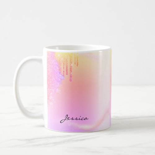Trendy Glitter Holographic pink drips custom name Coffee Mug