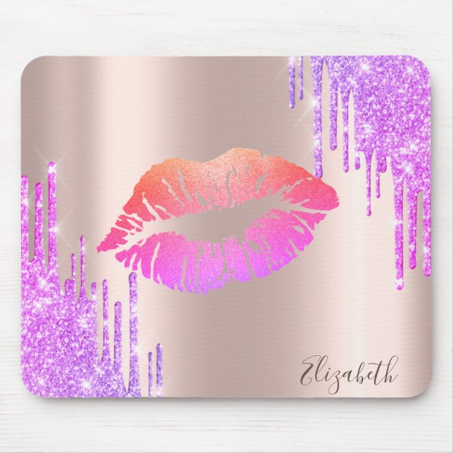 Trendy Glitter Lips Rose Gold Glitter Drips Mouse Pad (Front)