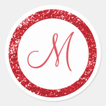 Trendy Glitter Monogram Stickers:red Classic Round Sticker by InitialsMonogram at Zazzle
