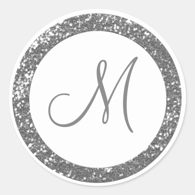 Trendy Glitter Monogram Stickers:Silver Gray Classic Round Sticker (Front)