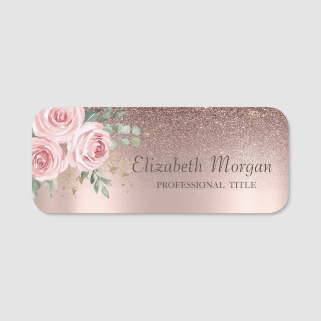 Trendy Glitter Ombre Rose Gold,Roses Name Tag (Front)