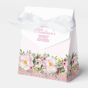 Trendy Glitter Pink Floral Sweet 16 Favor Boxes