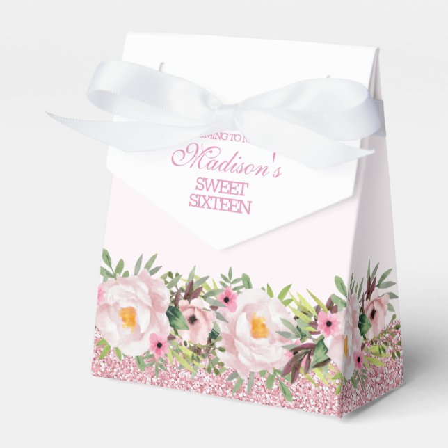 Trendy Glitter Pink Floral Sweet 16 Favor Boxes (Front Side)