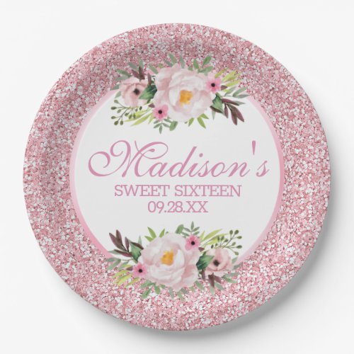 Trendy Glitter Pink Floral Sweet 16 Paper Plates