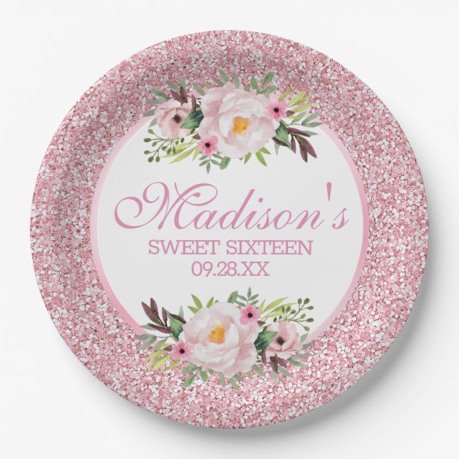 Trendy Glitter Pink Floral Sweet 16 Paper Plates (Front)