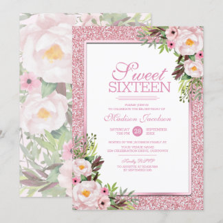 Trendy Glitter Pink Floral Sweet 16 Party Invitation